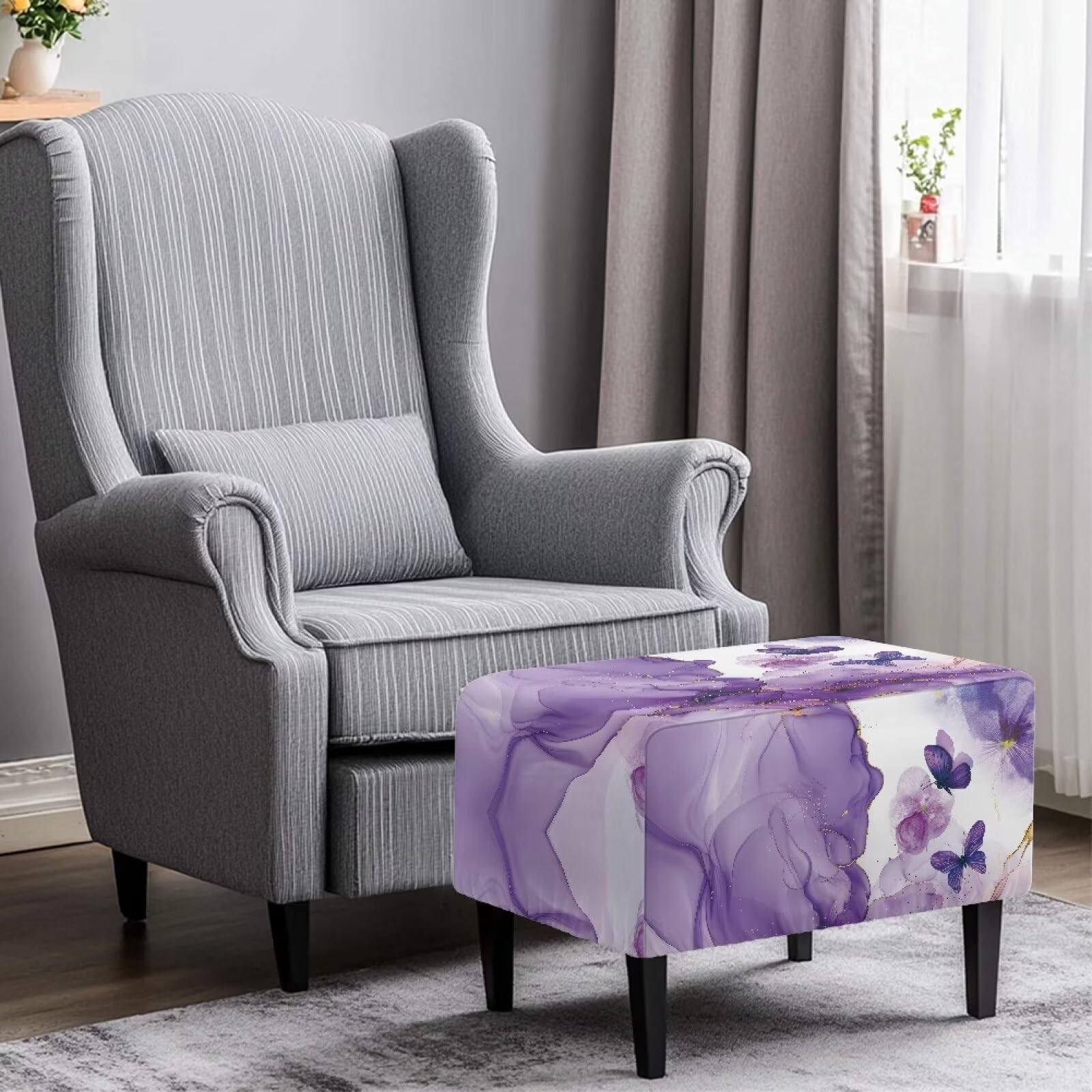 Sellikakes Square Ottoman Covers with Elastic Bottom Removable Slipcover Waterproof Footstool Protector Covers Rectangular Ottoman Slipcovers Washable,Purple Marble Butterfly