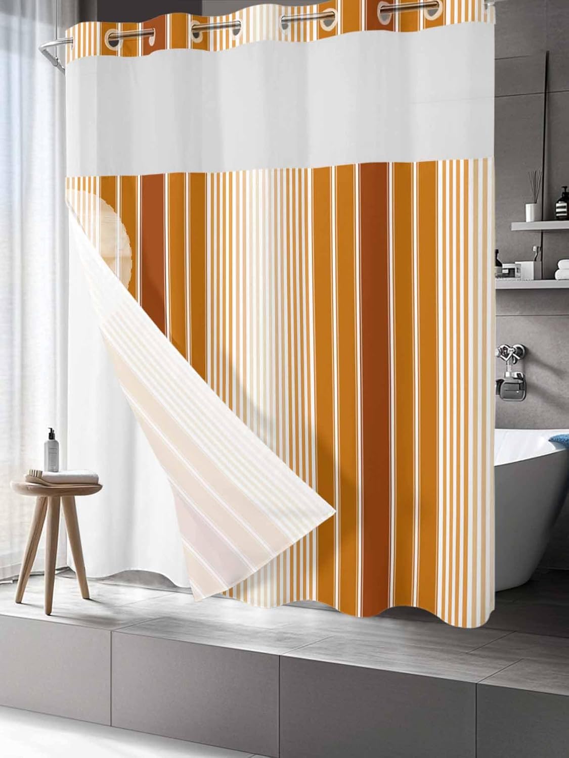 No Hook Shower Curtain, Burnt Orange Ombre Stripe Long Bathtub Curtains with Snap in Liner, Farmhouse Simple Striped Waterproof Washable Fabric Bathroom Curtain Sets, 72" x 78"