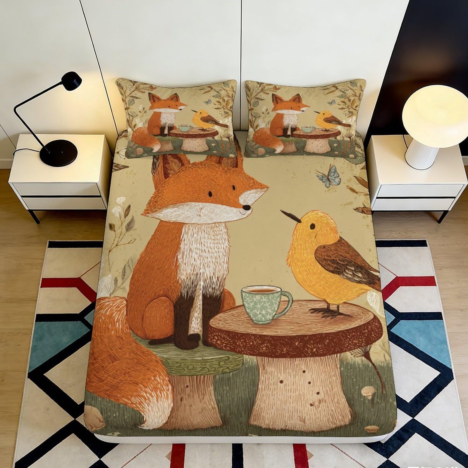 3D Printed Fox Woodland Fitted Sheet Microfiber Anti-Slip Forest Bird Mattress Cover for Bedroom Dorm Decor 118 140x200x25cm