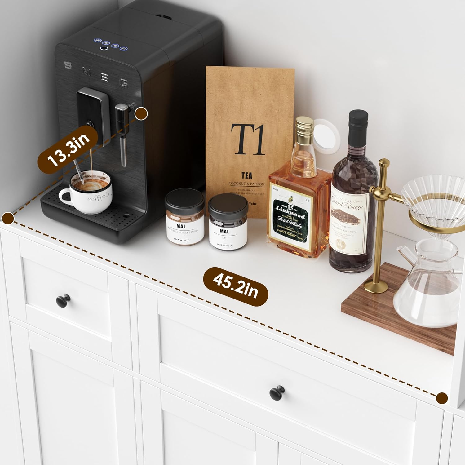 Image demonstrating the removable wine rack feature of the pantry cabinet, showing how to unscrew and remove panels to convert to general storage.