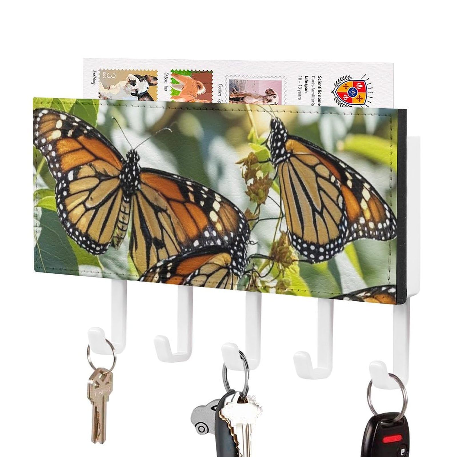 FekiLoot Monarch Butterflies Key Holder Wall Mount Key Hanger with 5 Hooks Decorative Key Rack Hanging Key Hooks with Mail Organizer Key Holder for Wall Living Room Kitchen Bathroom Hallway White