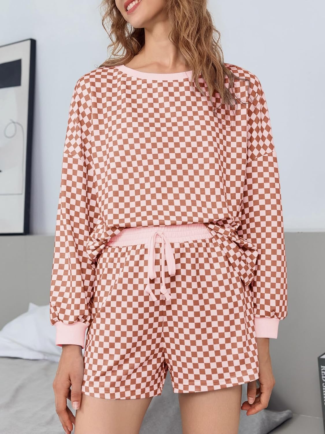 Tankaneo Womens 2 Piece Outfits Oversized Long Sleeve Checkered Plaid Tops Elastic Waist Shorts 2026 Pajama Sets Loungewear - Image 2