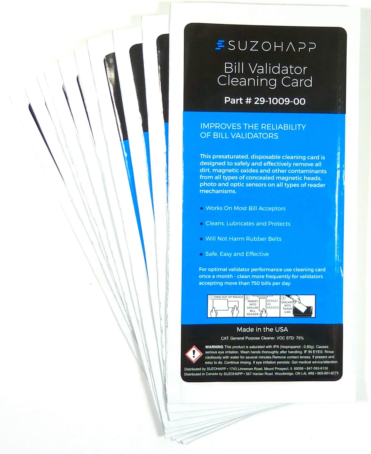Dollar Bill Validator/Acceptor Pre-saturated Cleaning Card 25/pk