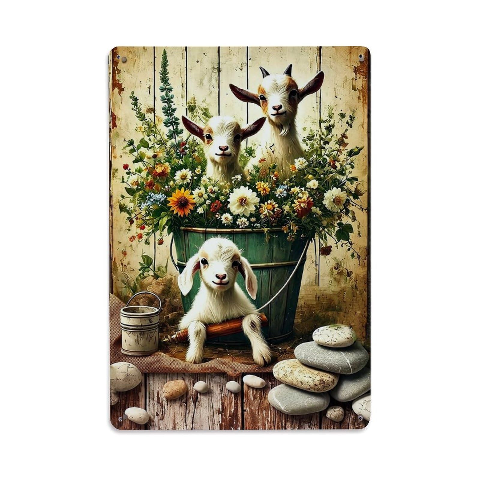 Jdfenggu Vintage Floral Bucket Goats Garden Stones Retro Metal Tin Sign, Decor Art Poster For Bar, Home, Man Cave, Kitchen, Laundry Room Gift 8X12inch