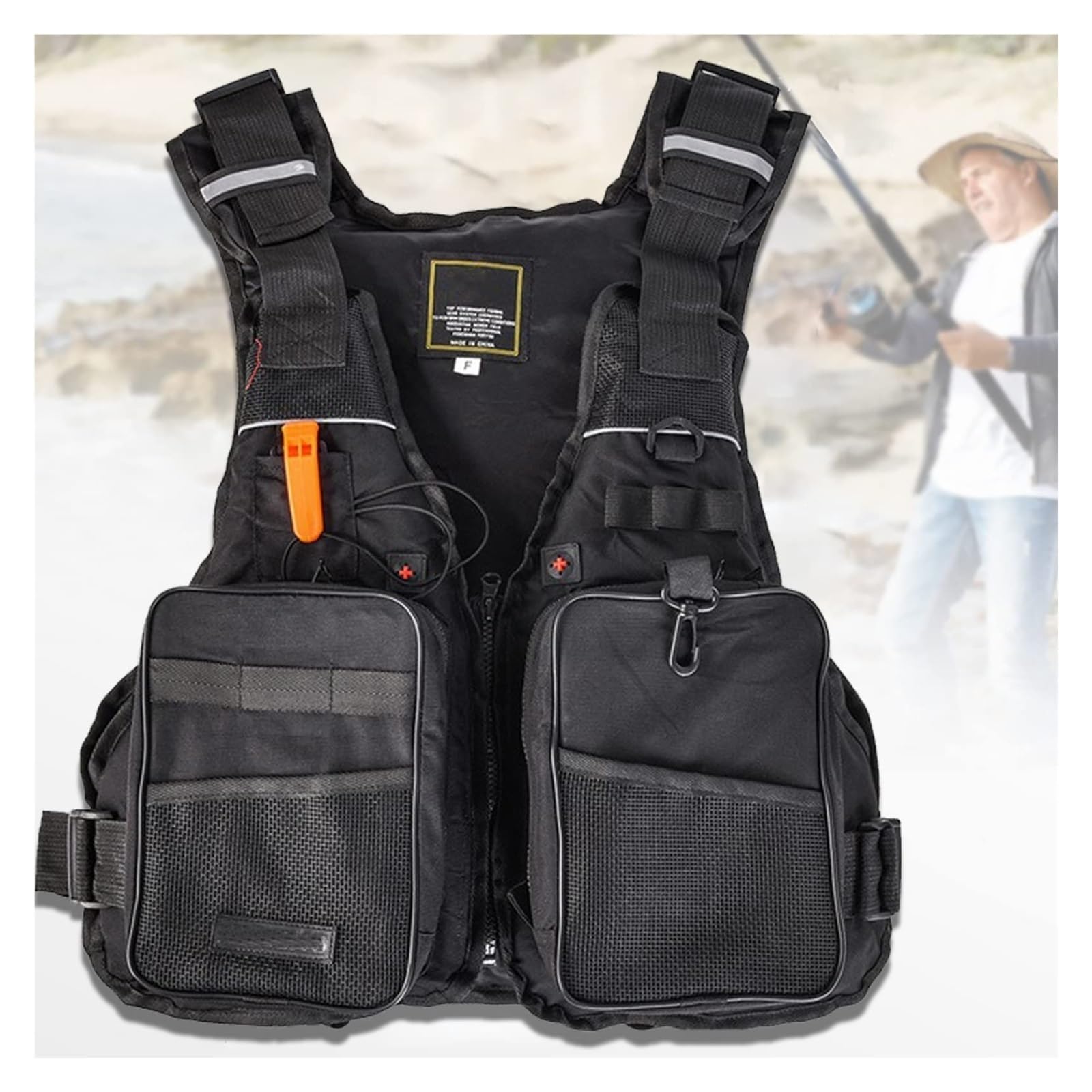 Gilet da Pesca, Gilet da Pesca a Mosca con Tasche Multiple e Striscia Riflettente, Cerniera per Pesca di Caccia di Campeggio(Black)