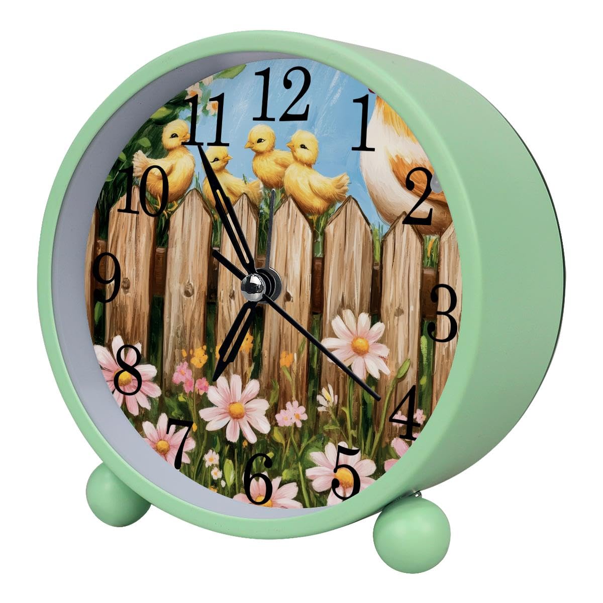 Luoweisi Alarm Clock Spring Flowers Chickens Fence, Silent Non-Ticking with Night Light