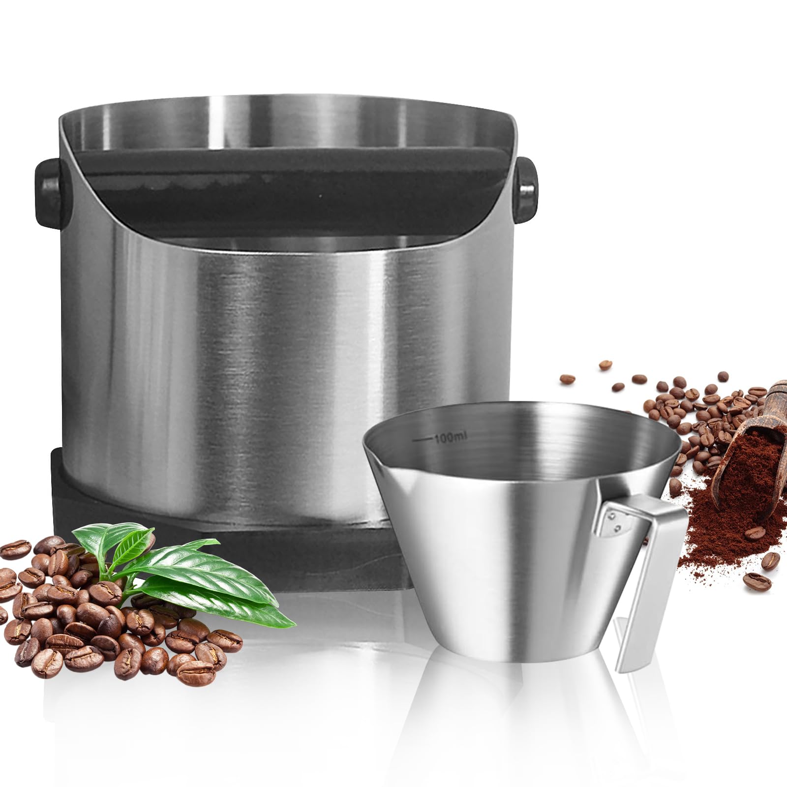 PRITOK Coffee Knock Box with Coffee Measuring Cup: 1600ml Stainless Steel Coffee Ground Knock Box with Removable Knock Bar, Large Capacity Espresso Knock Box for Coffee Shops, Milk Tea Shops