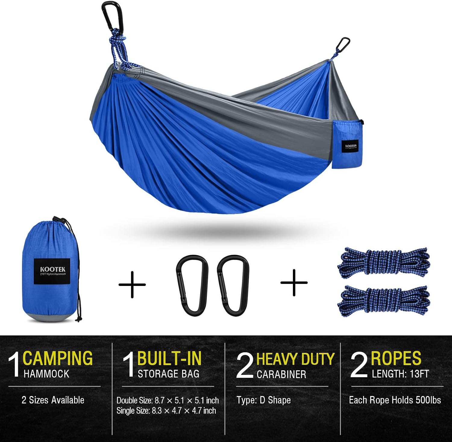 Kootek Camping Hammock Double & Single Portable Hammocks with 2 Hanging Ropes, Lightweight Nylon Parachute Hammocks for Backpacking, Travel, Beach, Backyard, Hiking