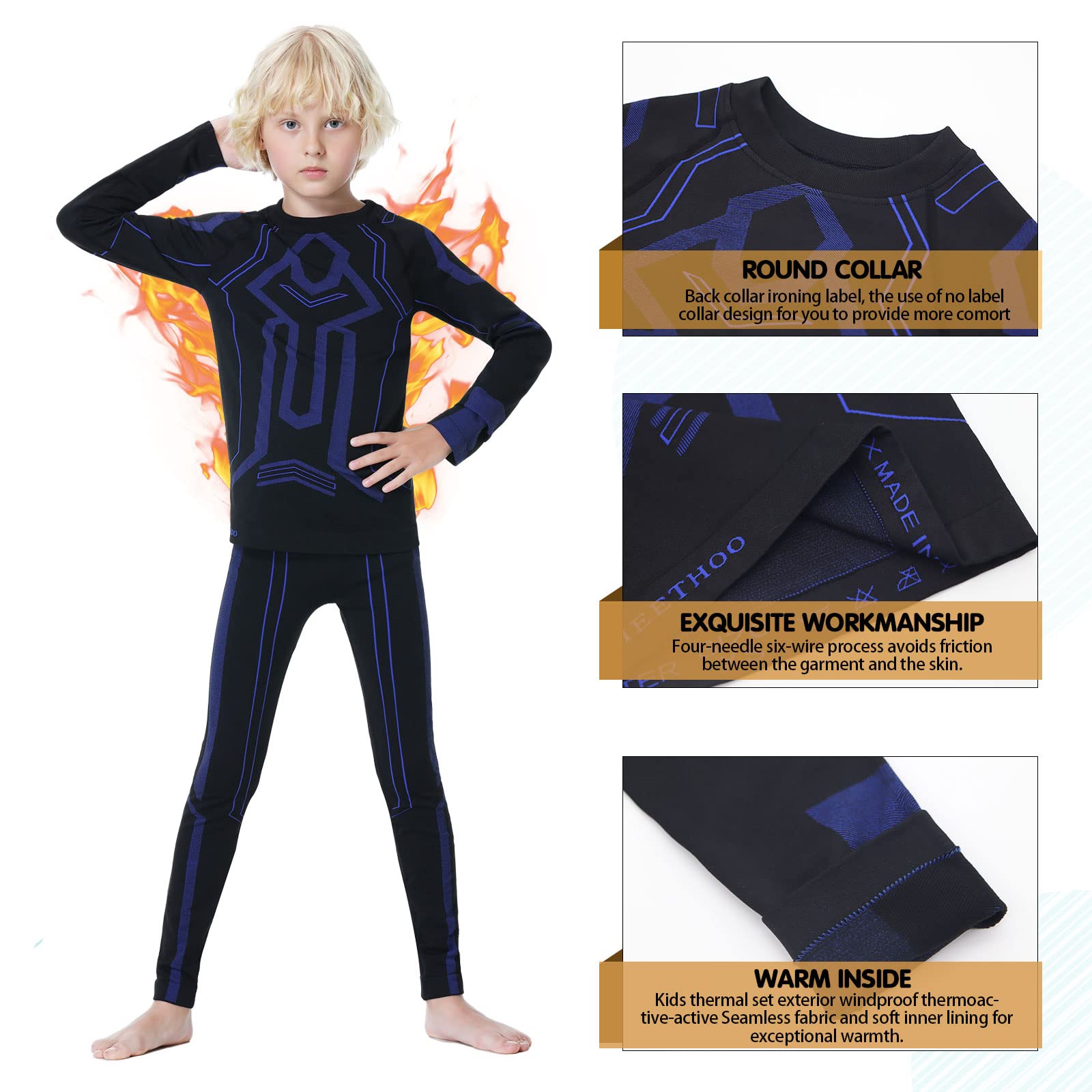 Conjunto Interior Térmica Niños, Ropa Interior Funcional, Ropa Interior de Esquí Ropa Interior Deportiva Camiseta Térmica Calzoncillos Térmicos para Fútbol Deportivo (8-15 años)