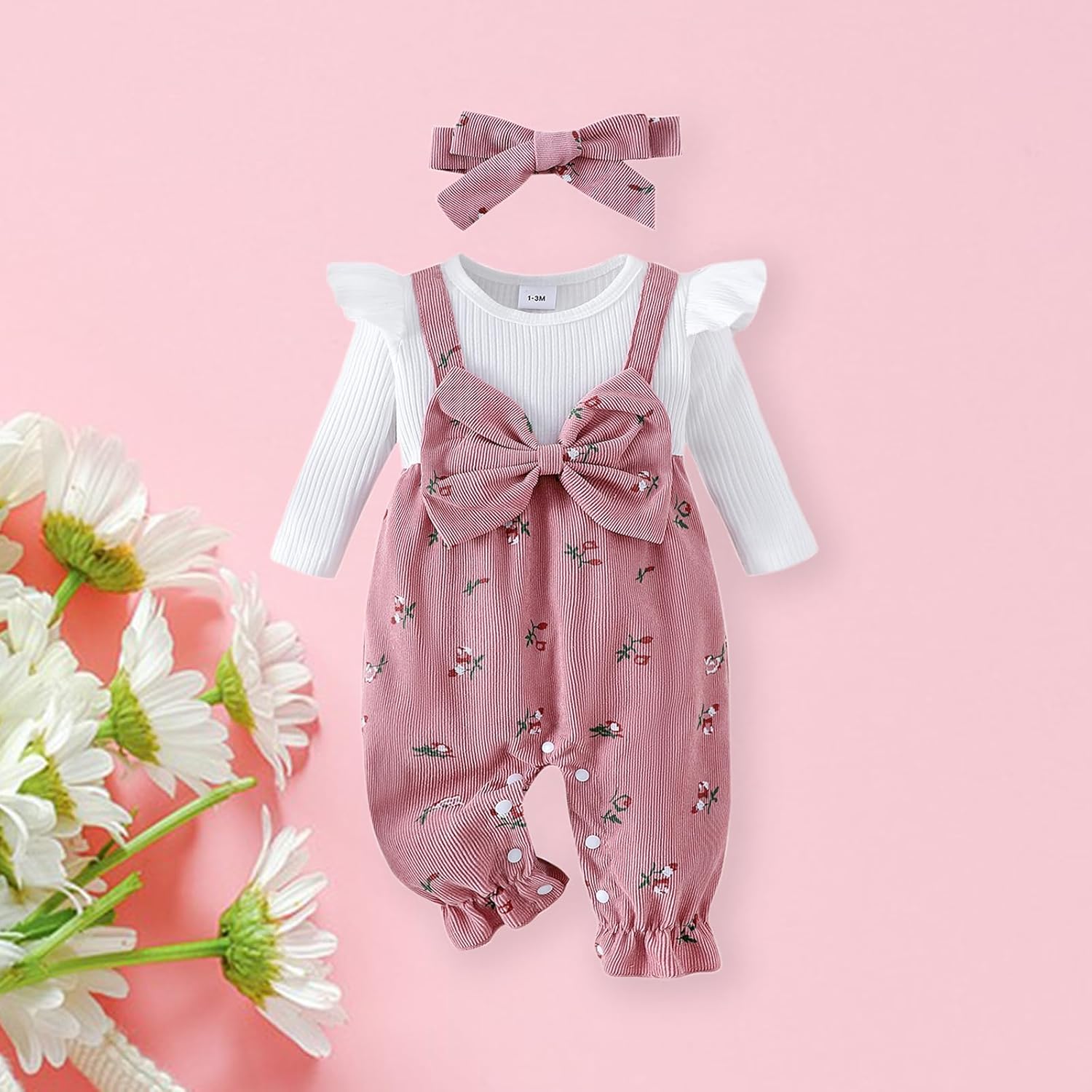 Newborn Baby Girl Clothes Corduroy Floral Bow O Neck Long Sleeve Romper Infant Jumpsuit Cute Outfits Headband - Image 6