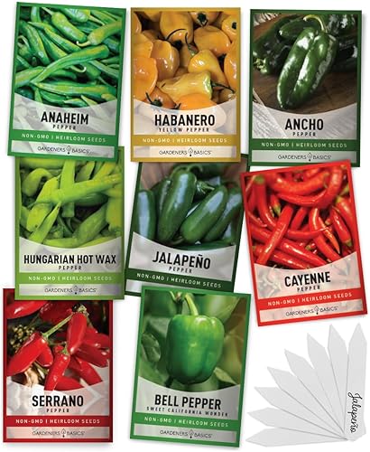 Gardeners Basics, Semillas de pimiento para plantar 8 variedades, Jalapeño, Habanero, Pimiento, Cayena, Cera caliente húngara, Anaheim, Serrano,