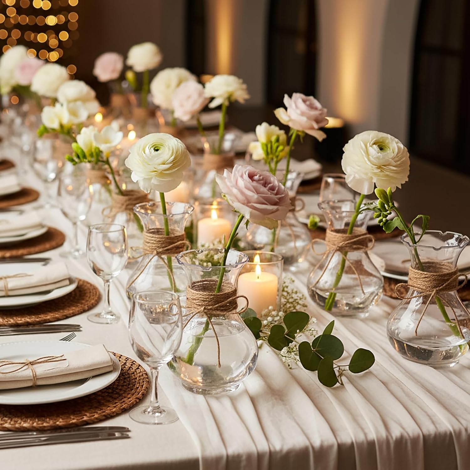 Hiceeden 12 Pcs Small Plastic Vases Bulk, 5-1/2" Unbreakable Bud Vase with Hemp Rope, Tiny Flower Jars Bulb Vase Centerpiece for Living Room Wedding Table Decor, Clear - Image 6