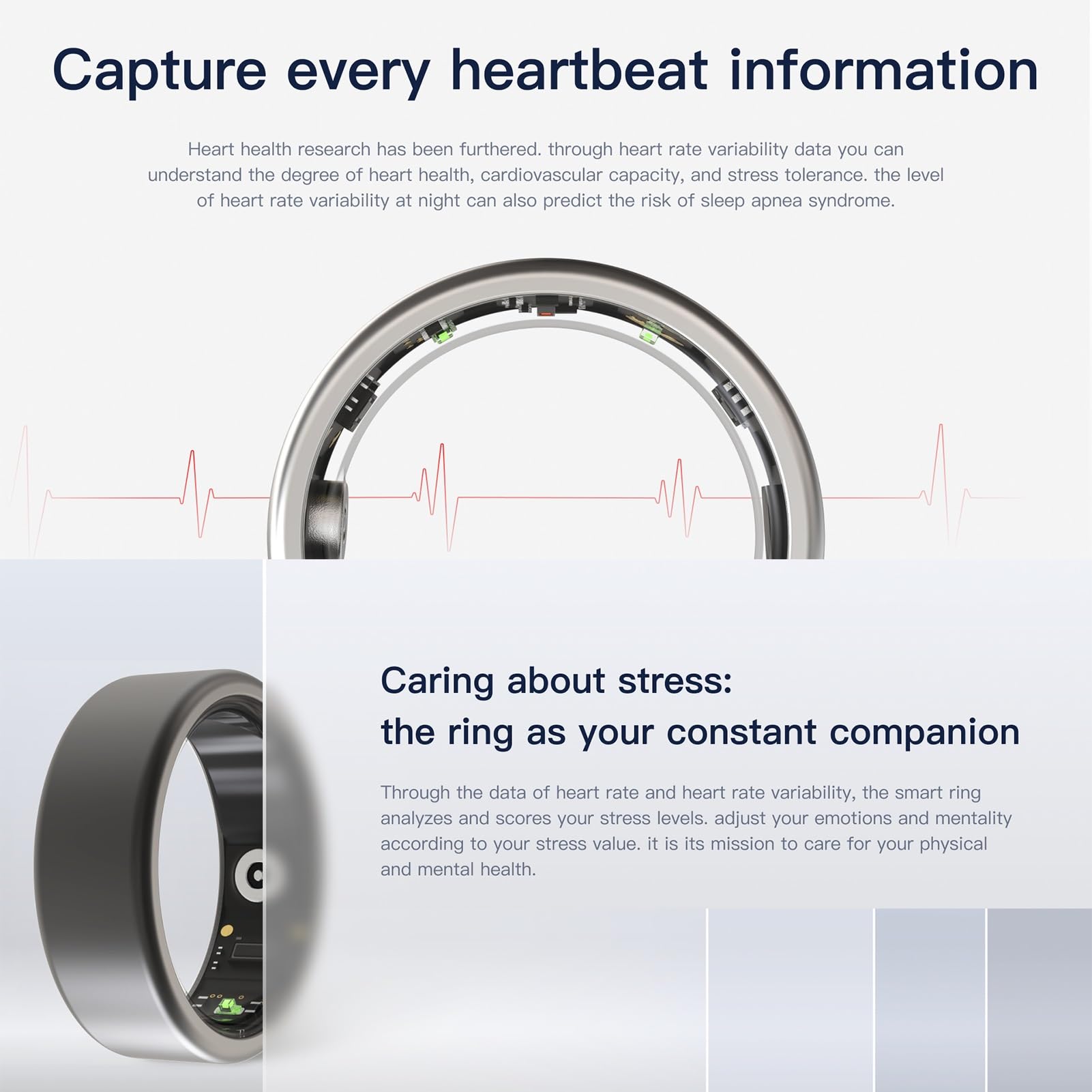 Smart Ring Bluetooth Fitness Tracker con monitoraggio della frequenza cardiaca, monitoraggio del sonno, contapassi calorie, IPX8, impermeabile per uomini e donne