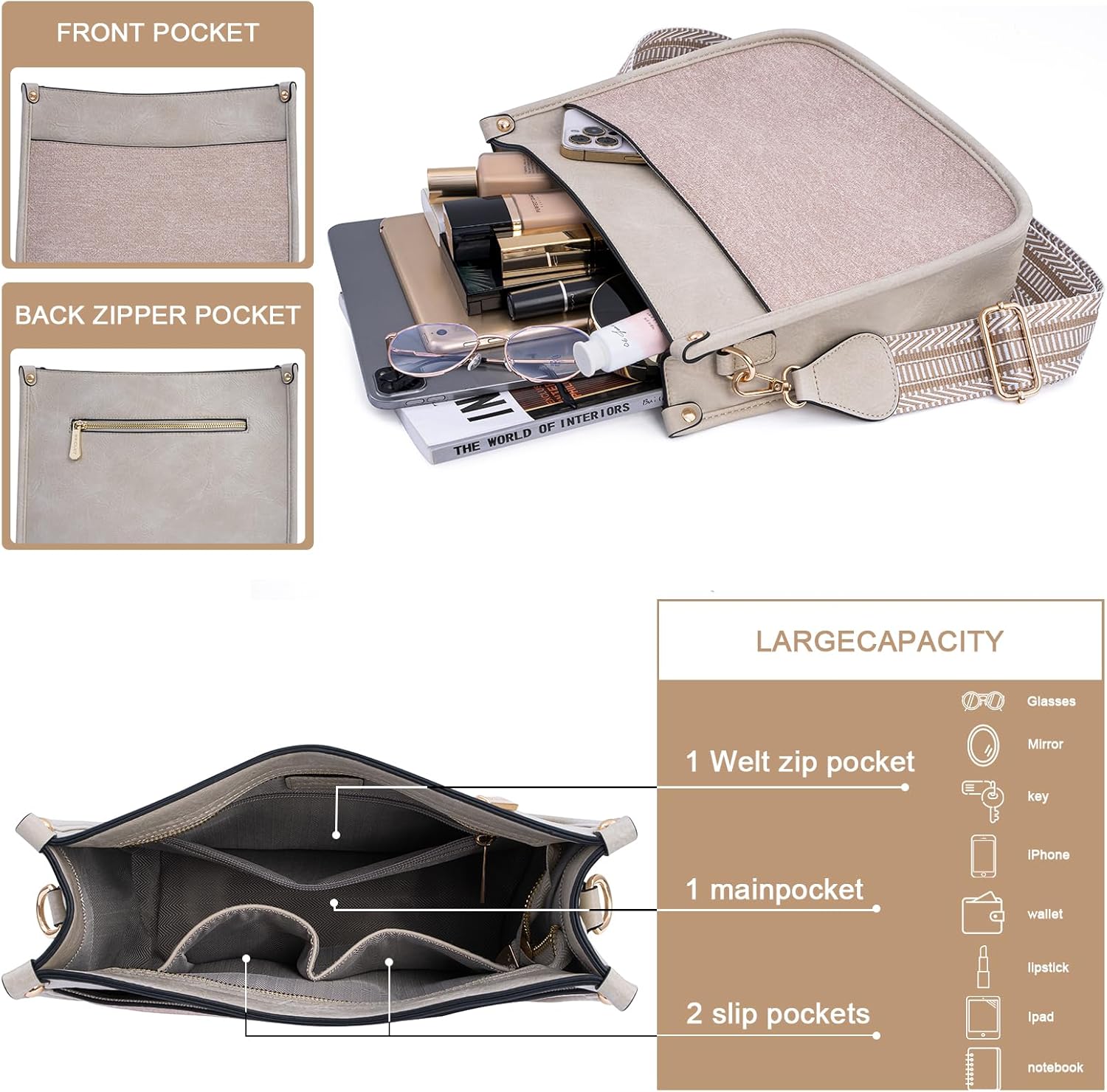 HKCLUF Crossbody Bags for Women Trendy Vegan Leather Hobo Handbags With 2PCS Adjustable Guitar Strap Shoulder Bucket Bags - Image 3