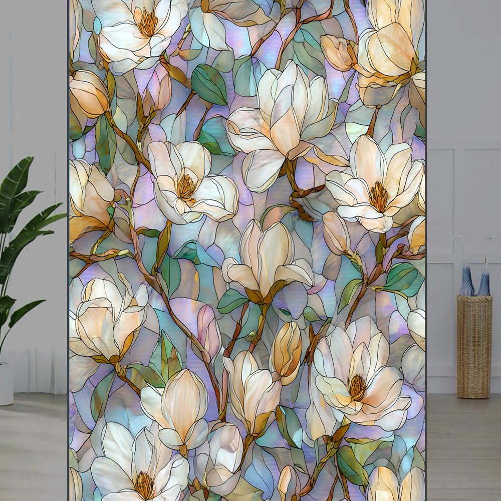 FOCCAFB Elegant Floral Plants Stained Glass Window Film, Classic Magnolia Blossoms Peel and Stick Privacy Film, Frosted Adhesive Vinyl Decorative for Bathroom Windows Glass Doors, （80x120cm）