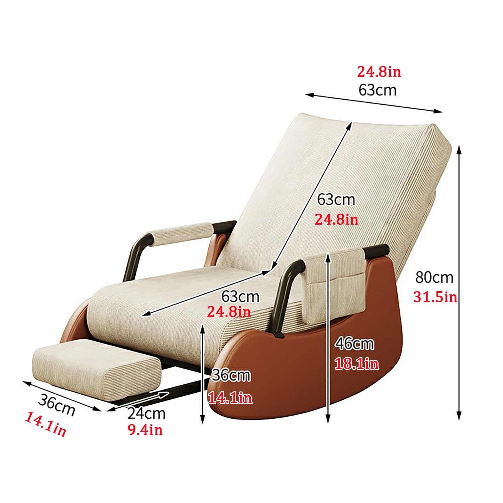 Schaukelstuhl, zusammenklappbar, mit Fußstütze, einziehbar, Liegestuhl mit Seitentaschen, Sessel mit verstellbarer Rückenlehne, bequemer Relaxstuhl, weich (grau, Einheitsgröße)