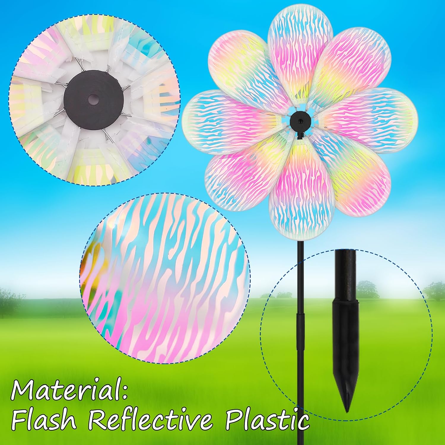 12.4inch Iridescent Garden Windmill, 4PCS Flame Pattern Whirligigs Windmill, DIY Pinwheel, Decoration Wind Spinner, Colorful Pin Wheel, Plastic Windmill Wheel, Outdoor Courtyard Lawn Spinner