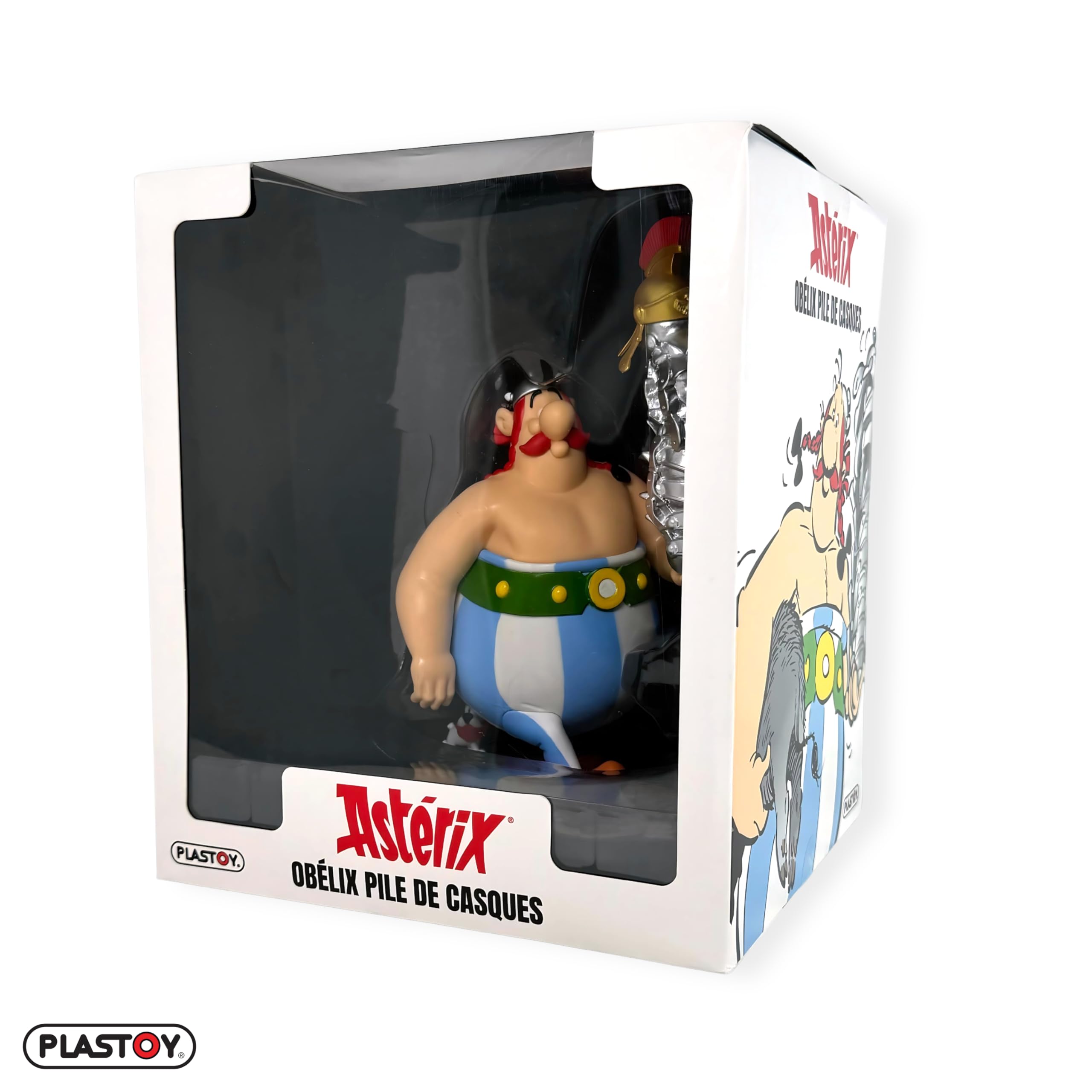 Plastoy Astérix Figurine Obélix avec pile de casques et Idéfix - Plastique - 22 cm