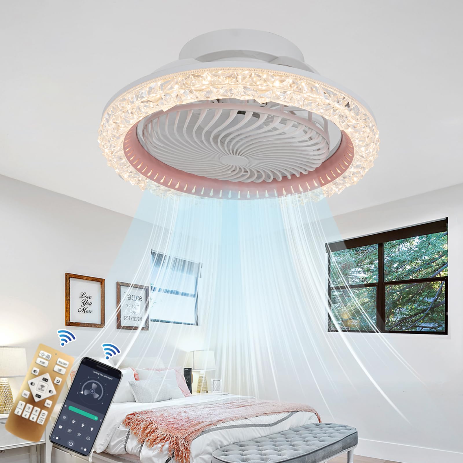 Ceiling Fans with Lamps with 360Β° Oscillating, Crystal Ceiling Fan Light Reversible 6 Speeds Dimmable, Quiet Ceiling Fans with Lights and Remote Led Living Room Bedroom, Invisible Fan Light-Pink