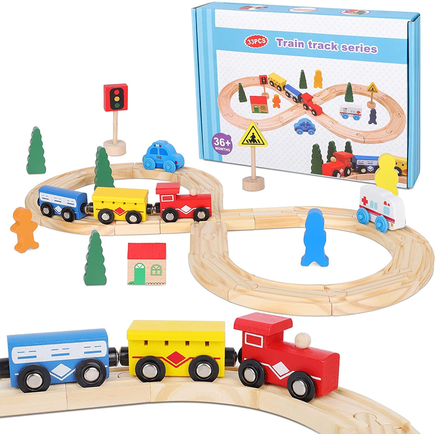 Wooden Tracks Train Toy Set Toddler, 33 Pieces Magnetic Trains Tracks, Train Cars Birthday Gift for 3 4 5 6 Years Old Boys Girls, Wood Train Tracks Pack Fits Thomas Brio & Melissa and Doug