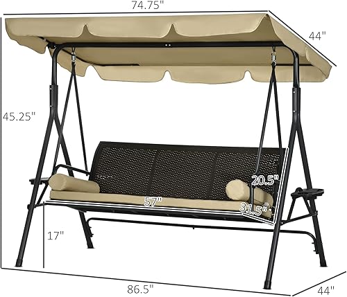Miniatura 7 de Outsunny Silla de columpio para patio de 3 asientos, banco de columpio para exterior con pantalla ajustable, cojín extraíble y asiento de ratán,