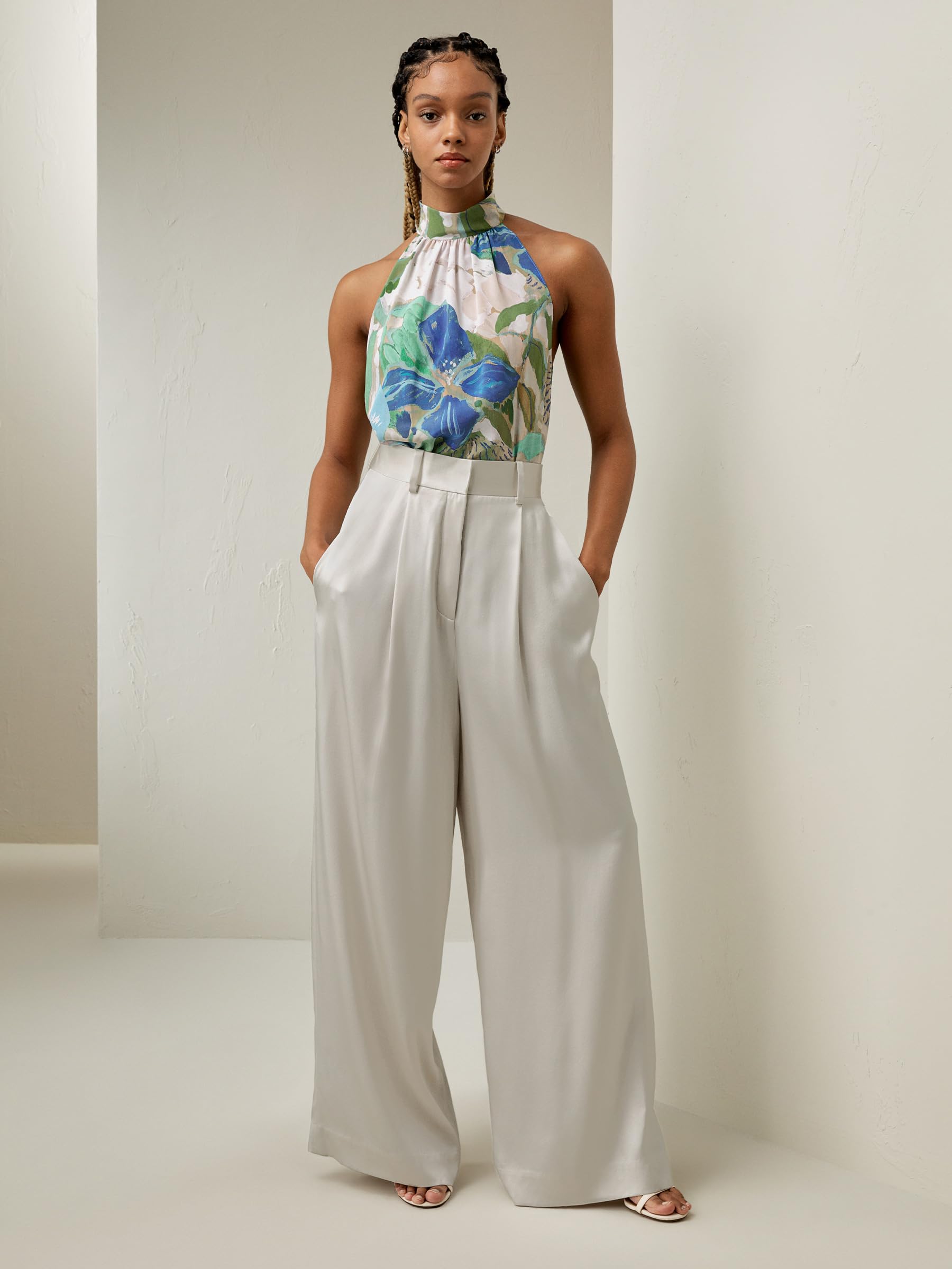 LilySilk Damen Reine Seidenbluse, ärmelloses Halftertop aus Crêpe de Chine mit Blumendruck für Urlaubspartys