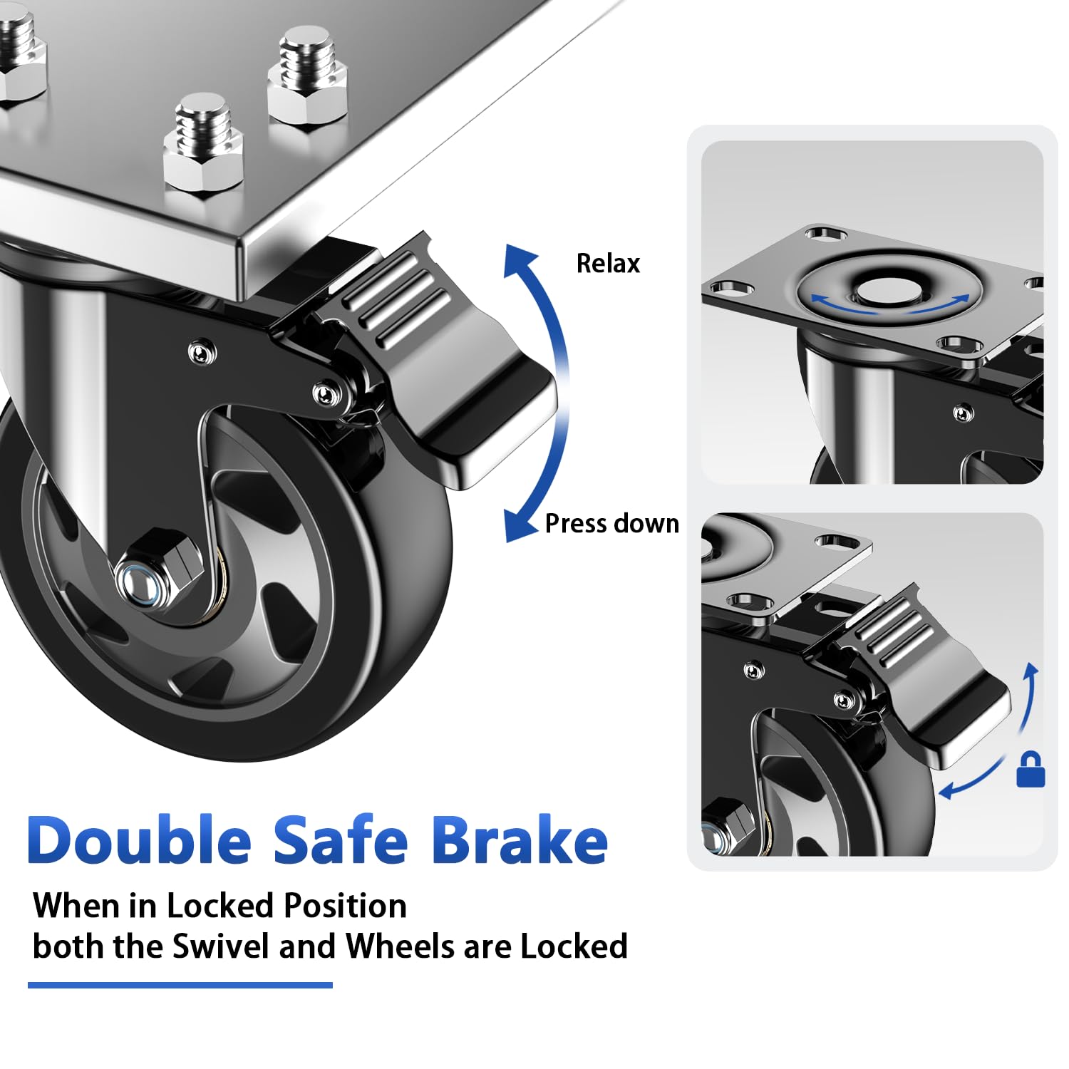 3 Inch Caster Wheels, Casters Set of 4 Heavy Duty, Locking Swivel Casters with Brake, Industrial Plate Casters Wheels Include Free Hardware Kits for Workbench, Furniture, Cart
