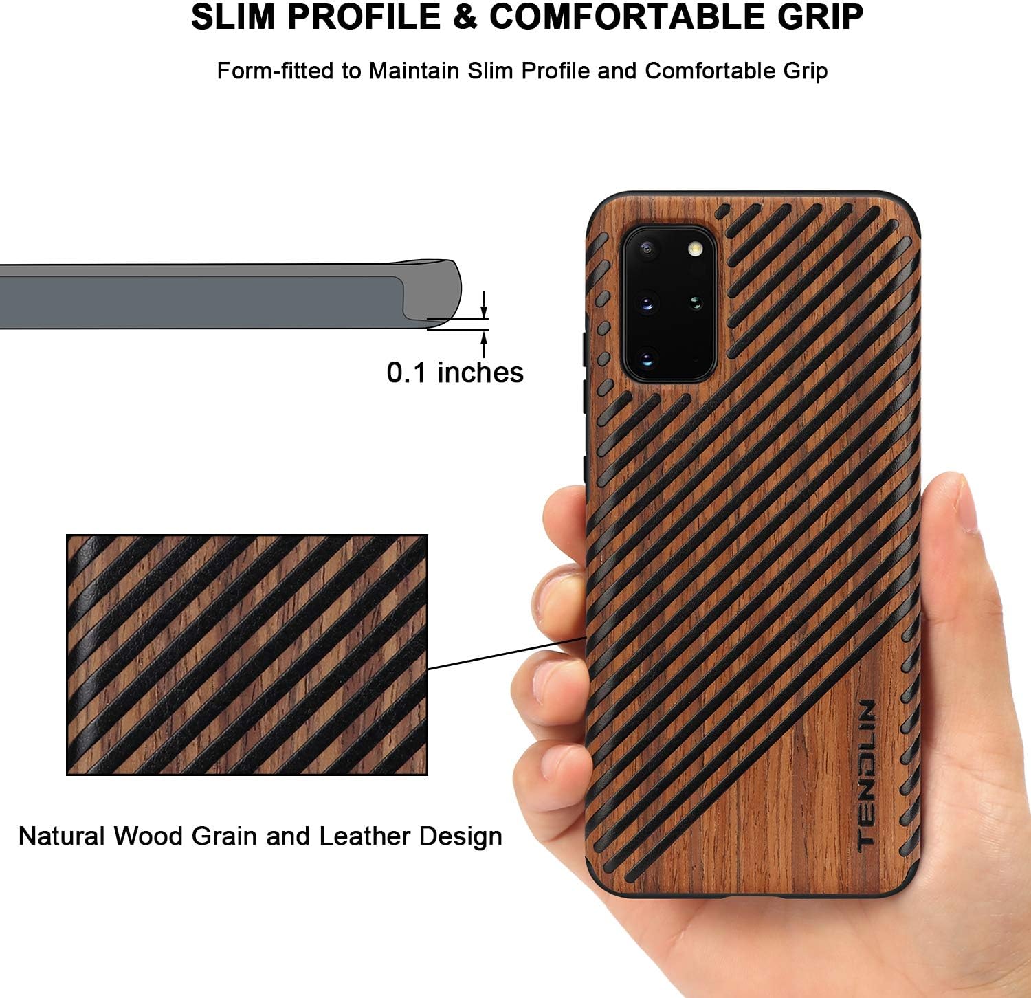 TENDLIN Compatible with Samsung Galaxy S20 Plus Case Wood Grain Outside Design TPU Hybrid Case (Wood & Leather)
