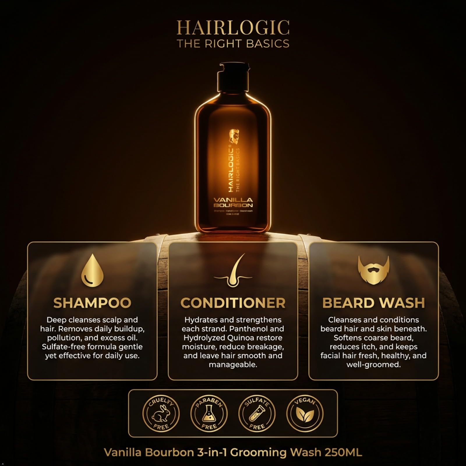 HAIRLOGIC Vanilla Bourbon 3-in-1 Shampoo Conditioner & Beard Wash for Men – Sulfate Free Hydrating Cleanser for Hair & Beard | All Hair Types | 250ml 1