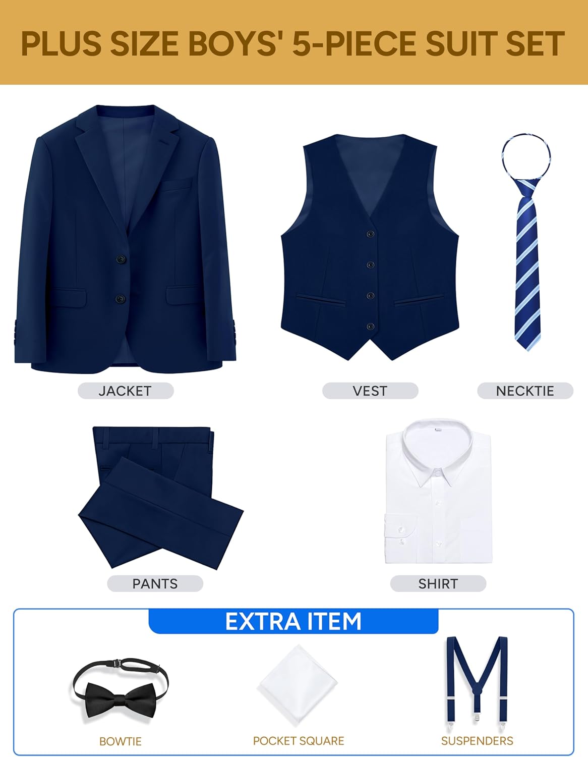 Boys Suit 5-Piece 4 Fits Husky/Plus Size/Slim/Regular Adjustable Waist + Suspenders