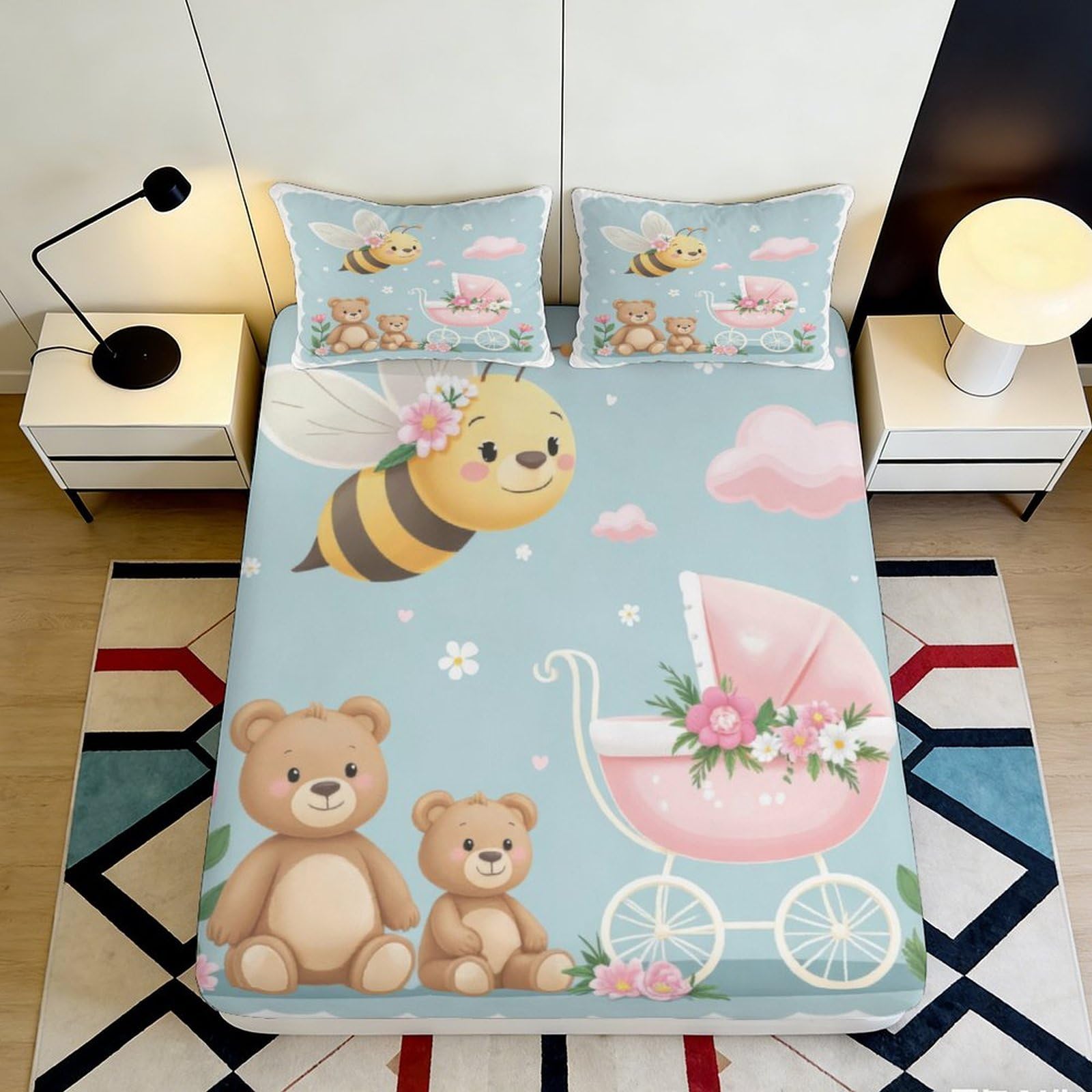 3D Printed Cute Bear Bee Fitted Sheet Microfiber Soft Pastel Cartoon Pram Bed Cover for Bedroom Guestroom Decor 90x200x25cm