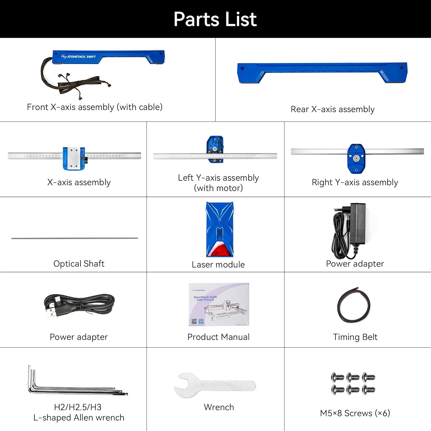 Diagram showing all components included in the ATOMSTACK Swift 7W Laser Engraver package, neatly laid out.