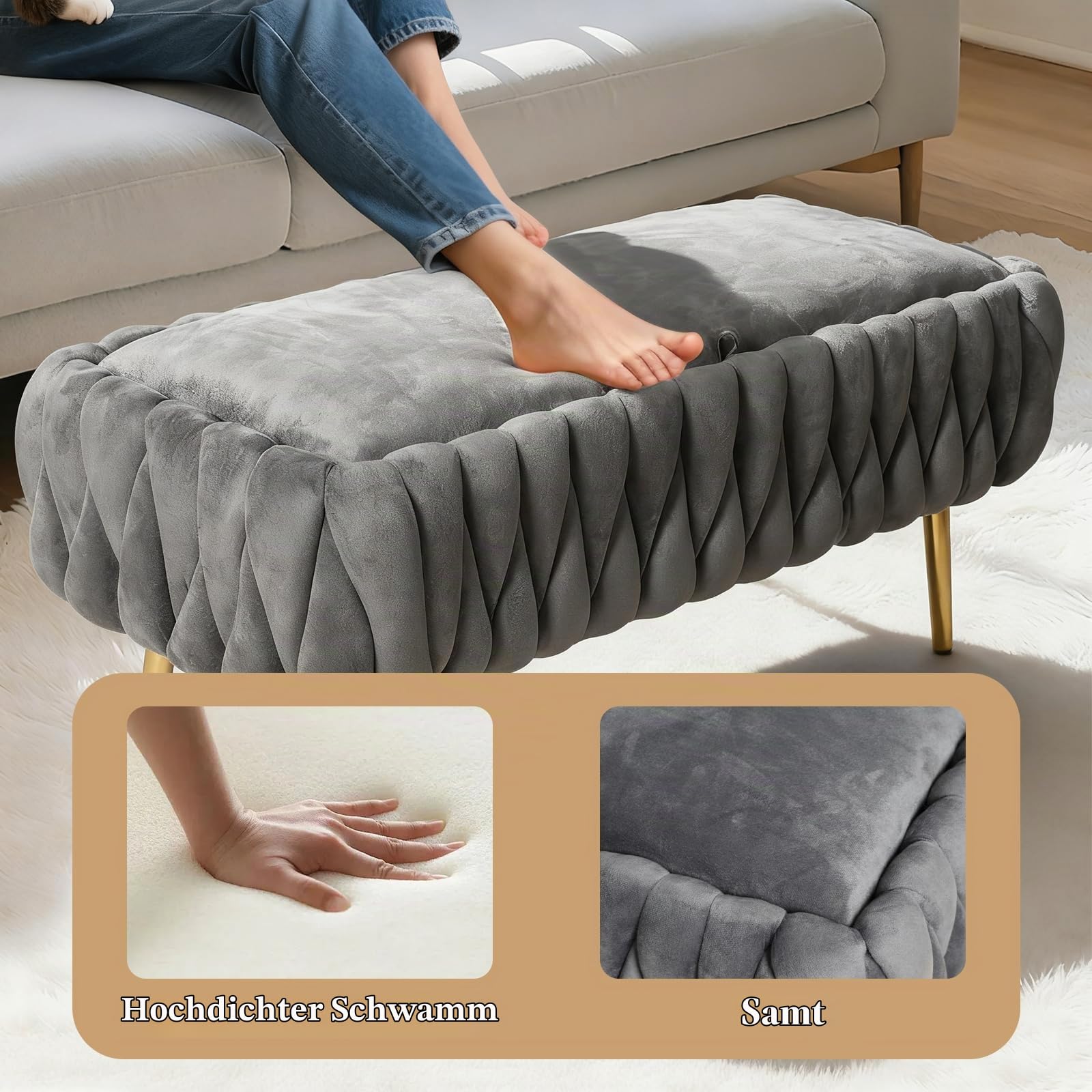 Sitzbank mit Stauraum, Aufbewahrungsbank, Samt Bettbank mit Metallbeinen, Polsterbank Hockerbank für Wohnzimmer, Schlafzimmer, Flur, bis 300 kg Belastbar, 105 x 20 x 44cm (Grau)