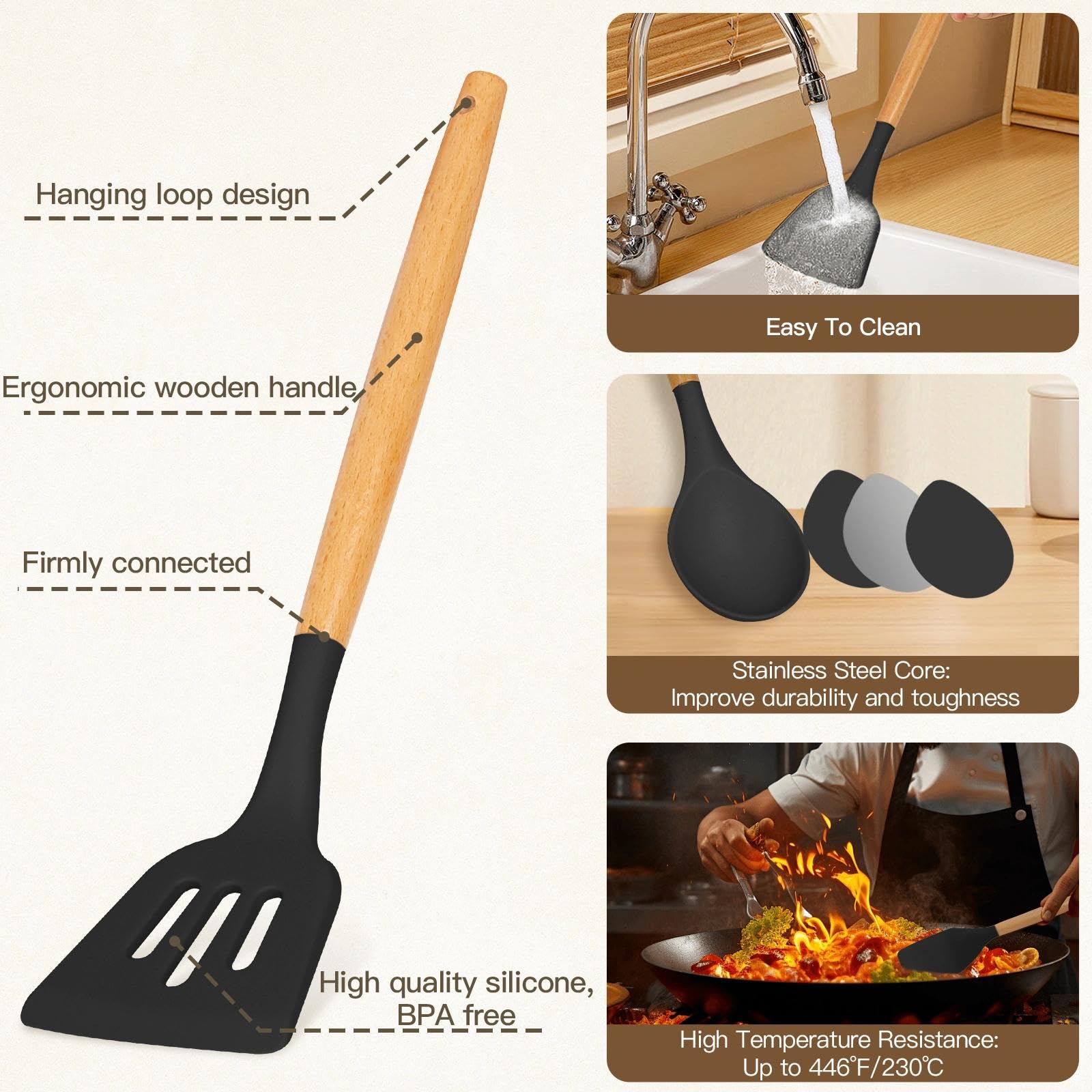 Utensili Cucina Silicone - 33 Pezzi Utensili Da Mestoli Cucina Silicone Con Manico In Legno, Senza Bpa, Resistenti Al Calore E Antiaderenti, Con Supporto E Mestoli, Con Fori Per Appendere, Nero