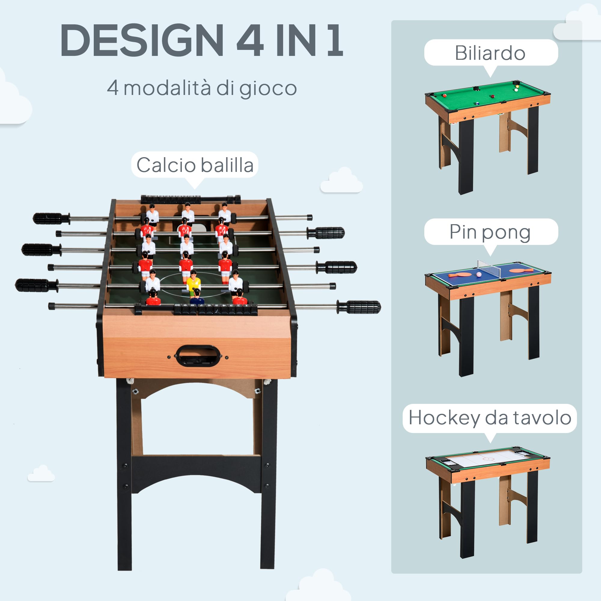 HOMCOM Tavolo Multigioco 4 in 1 con Calcio Balilla, Biliardo, Ping Pong e Hockey da Tavolo, Tavolo da Gioco con Accessori, in Legno MDF, Legno Naturale e Nero