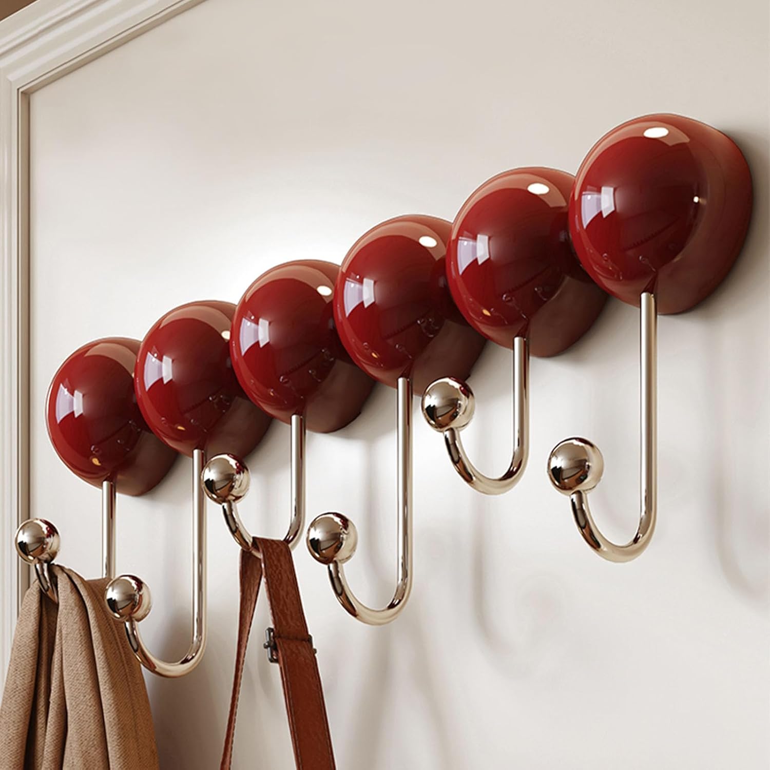 Coat Rack Wall Mount, Wall Hooks for Hanging, Suction Cups with no Trace Hooks, Hooks for Storage Behind The Door-6 Hooks (Red)