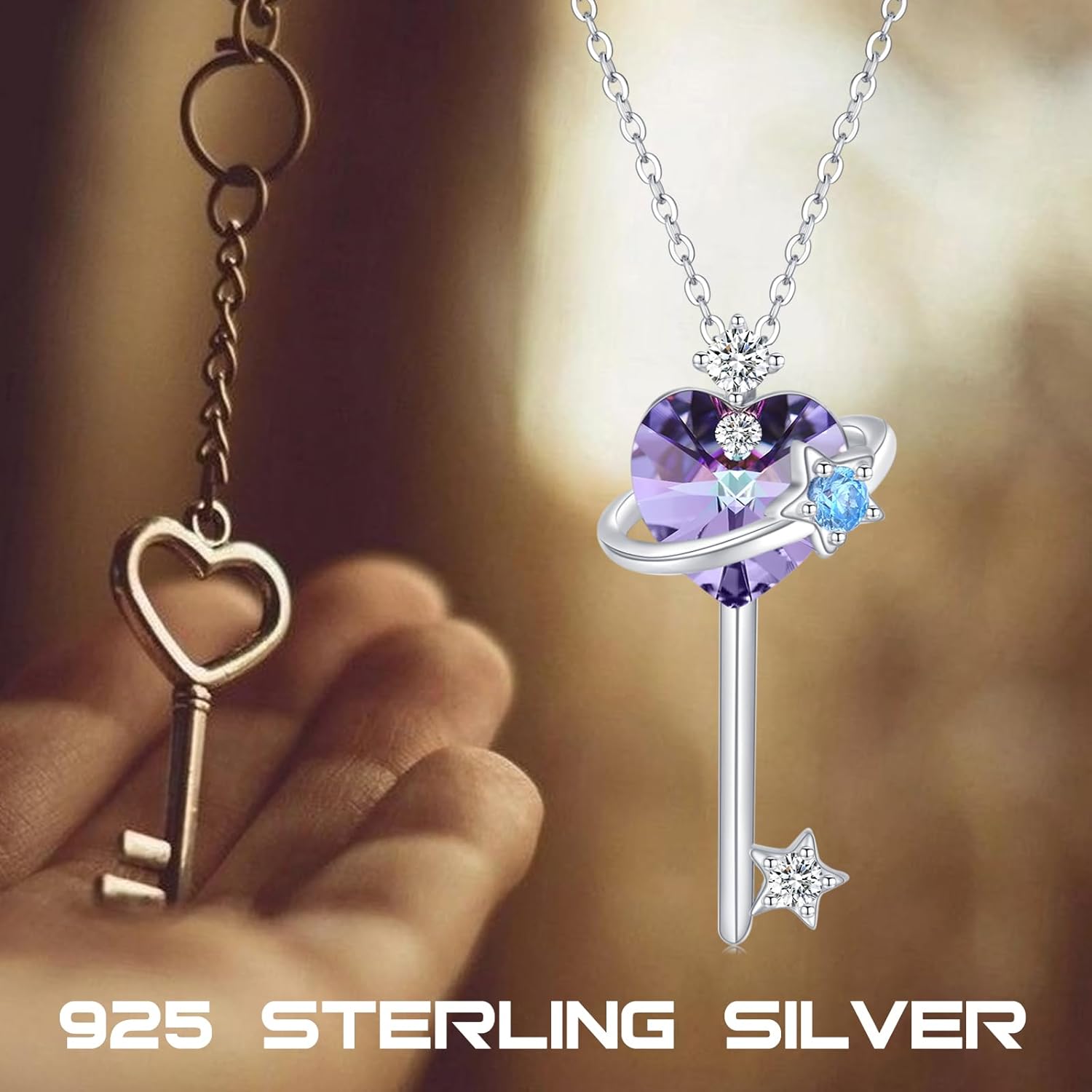 Key Pendant Necklace 925 Sterling Silver Purple Crystal Heart/Four Leaf Clover Love Key Necklace Jewelry Gifts for Women Wife Mom Birthday Mother's Day - Image 6