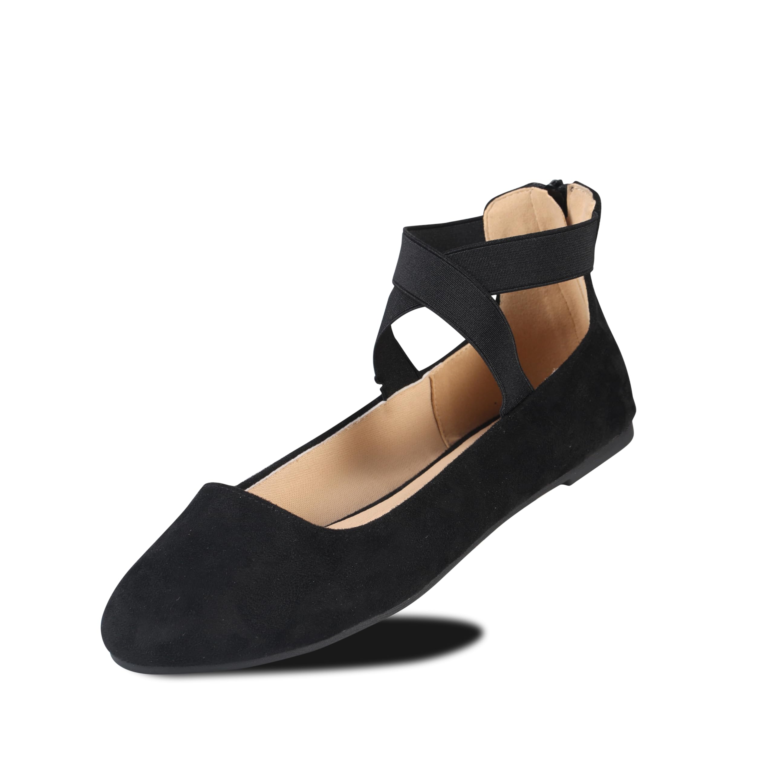 EMMA NEW YORK Ankle Strap Flats for Women, Women Flat Ballerina Shoes, Women's Ballet Flats with Strap (Su Black, 8)