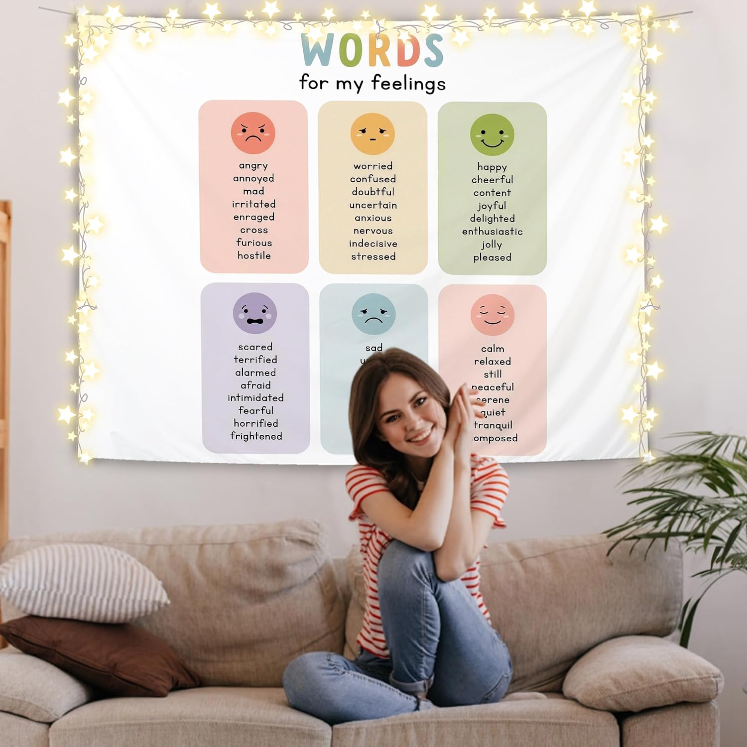 MHJFERGV Feelings and Emotions Chart Mental Health Tapestry 50x60 Inch, Words for My Feeling Wall Decor Blanket for Kids Room Classroom Therapy Counseling Office Calm Down Corner Decoration image 4