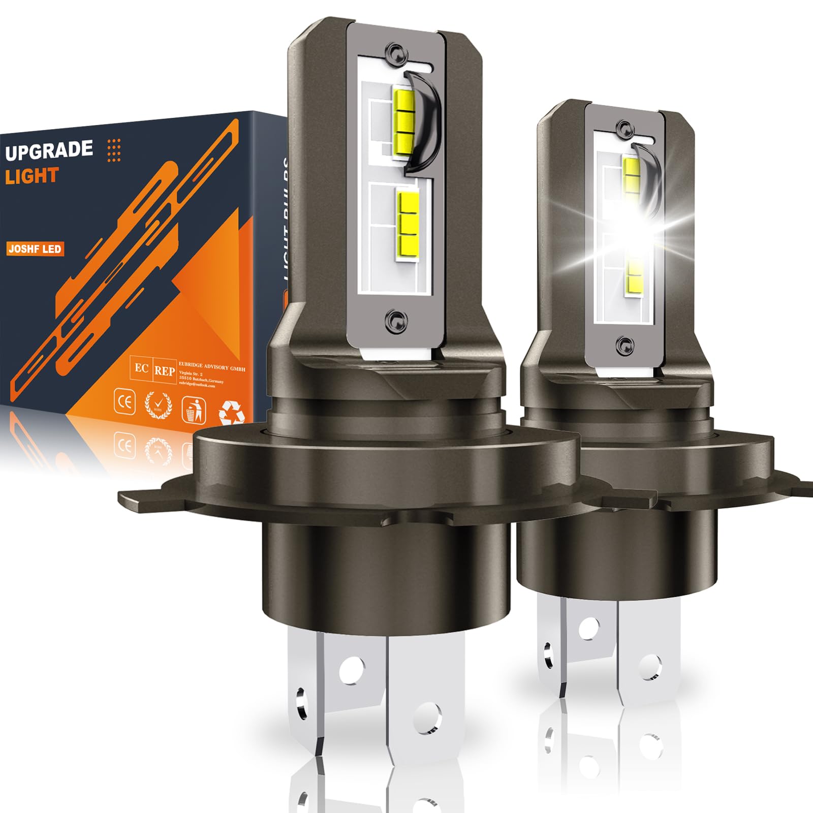 JOSHF Lampadina H4 LED per Fari Auto, 19000LM 80W 6500K Bianco 500% Luminoso Anti Errore H4 Lampadina a LED 1:1 9003/HB2 Led Sostituisce le Lampade Alogene, DC12-18V, 2 Lampadine