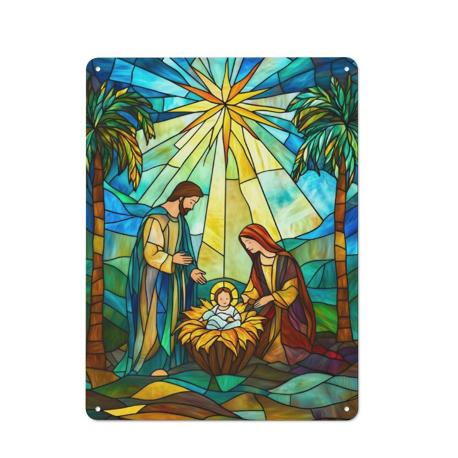 Junmoney Nativity Stained Glass Retro Tin Sign 40X30cm Featuring For Bar Or Restaurant, For Metal Sign Collectors, For Garage And Workshop Walls