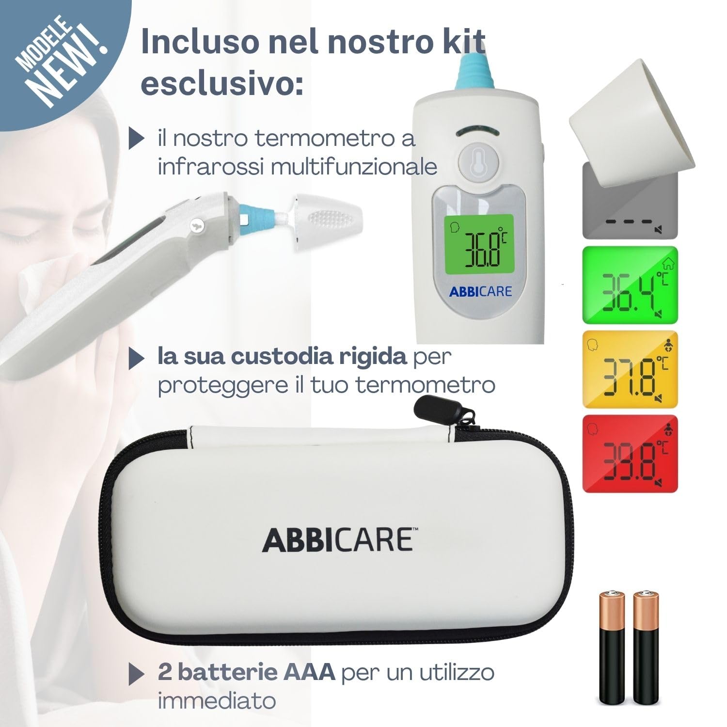 Termometro febbre digitale frontale e auricolare con custodia ABBICARE™| Modalità speciale neonato precisa e rapida in 1 secondo infrarossi