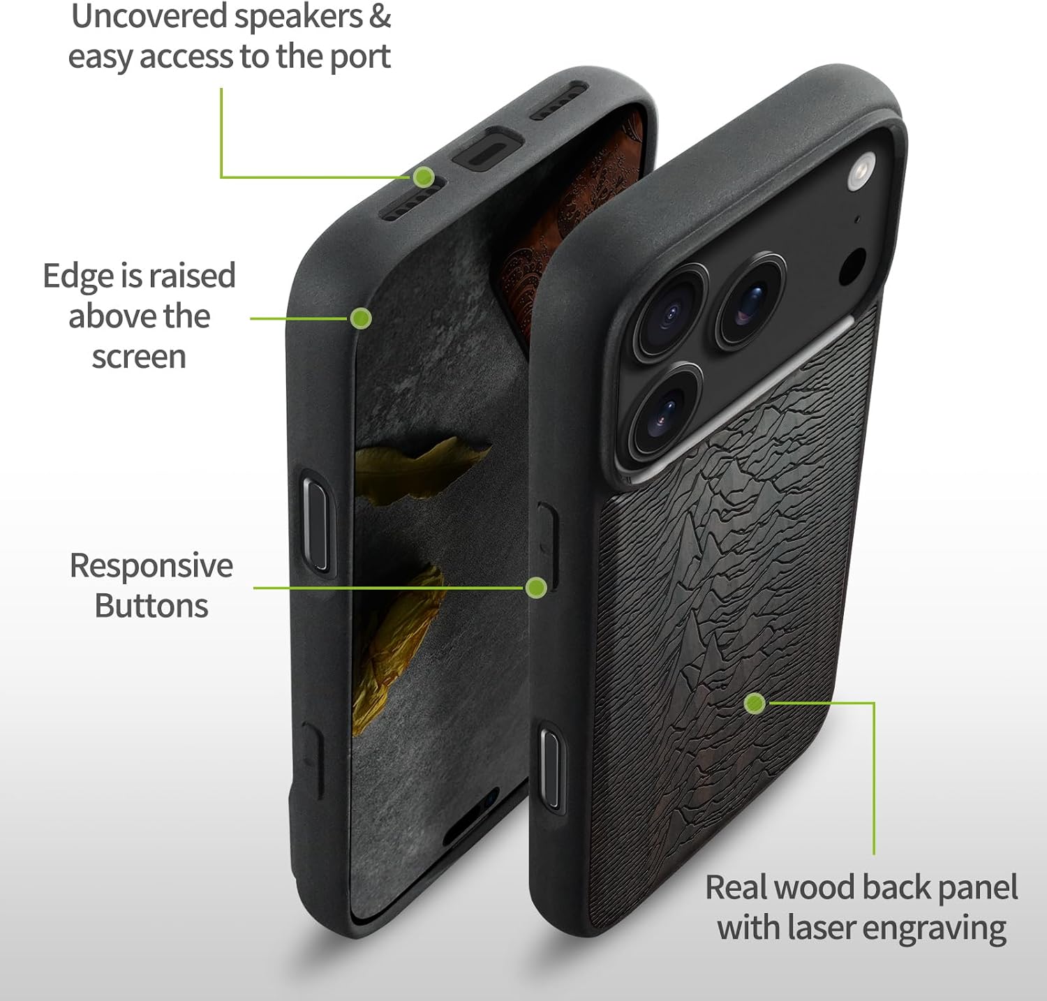 Carveit Magnetic Wooden Case for iPhone 17 Pro Case, Wood Artisan Engraved & Black Soft TPU Shockproof Cover, Compatible with MagSafe Wireless Chargers (Unknown Pleasures) Blackwood