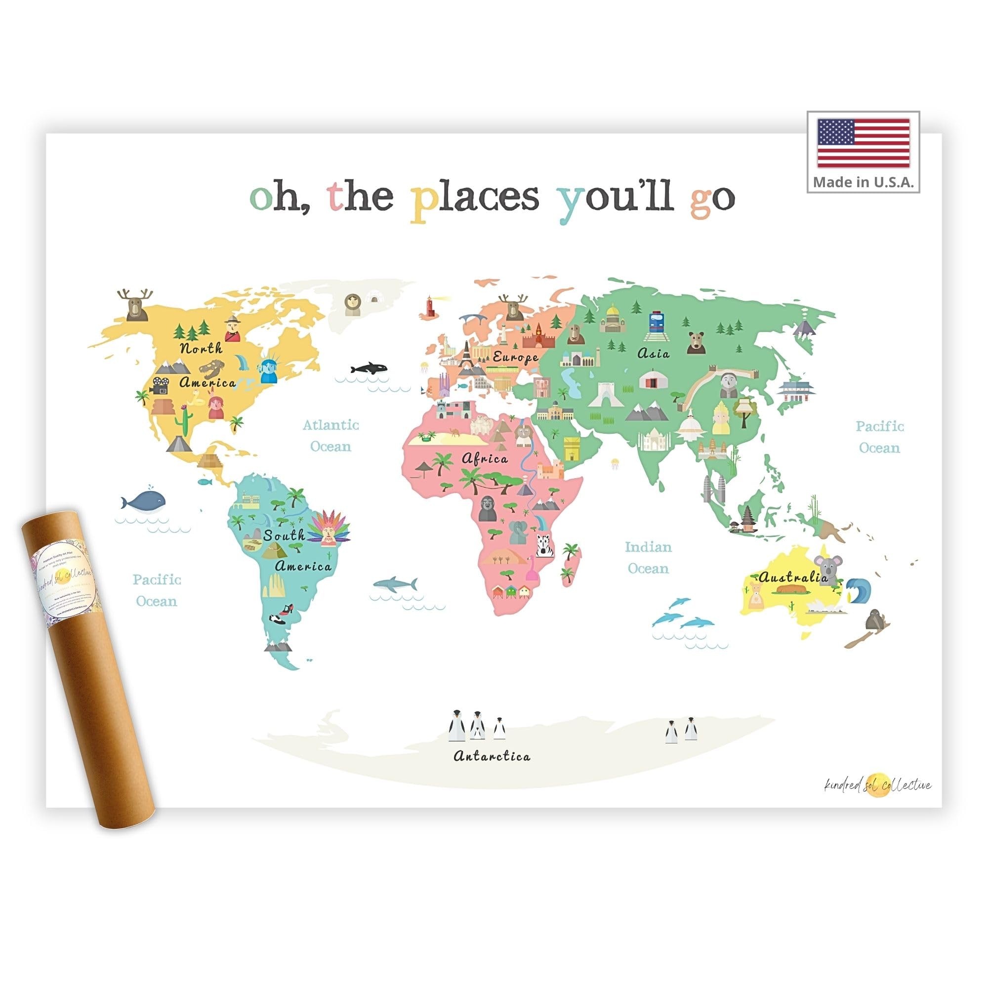 Oh the Places you'll Go Illustrated Kids World Map (24x17”) - Vibrant Educational World Map for Kids Wall Decor with Global Animals and Landmarks