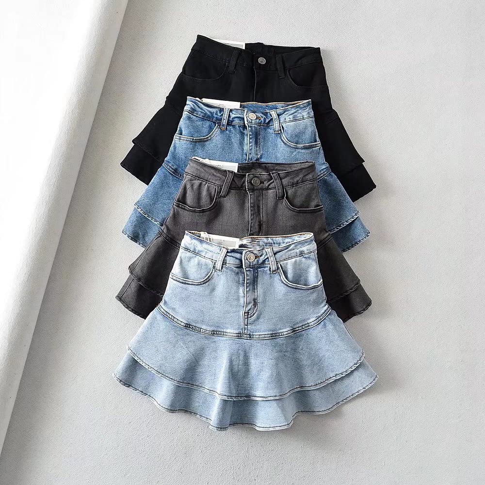 Gonne A Ruota,Minigonna Da Donna Grigia Gonna Di Jeans Con Impiombatura A Vita Alta Tasca Con Cerniera Alla Moda Tinta Unita A-Line Gonna Corta Con Volant A Strati Increspato Per Ragazze Signore,S