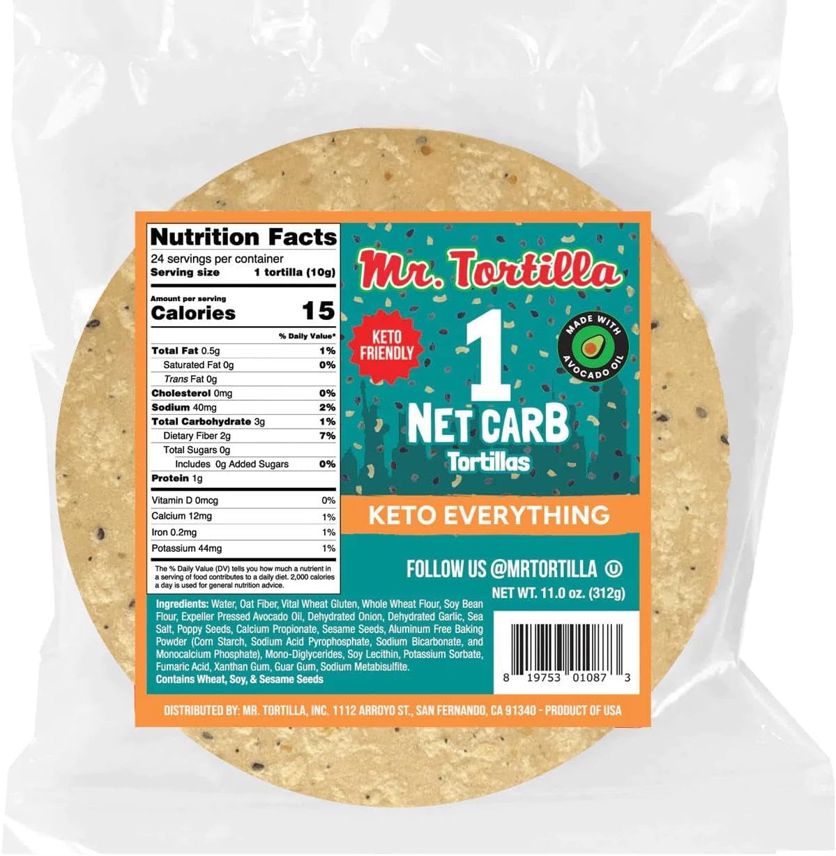Mr. Tortilla Low Carb Tortilla Wraps - Keto Tortillas with Avocado Oil - Street Taco Size - 1 Net Carb per Serving - Low Calorie Keto Wraps - Low Carb Tortillas - (Everything Bagel, 24 Count)