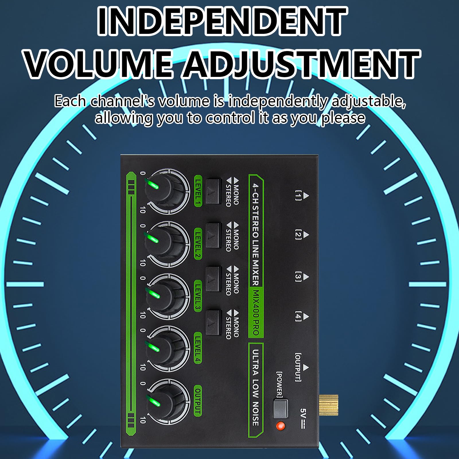 4 Kanal Stereo Audio Mixer, Mischpult 4 Kanäle 6,35mm Audiomischer mit 4 Eingänge und 1 Ausgang Type-C Aufladen Audiomixer für Bandauftritte Bühnenauftritte Instrumentenübungen Musikaufnahmen