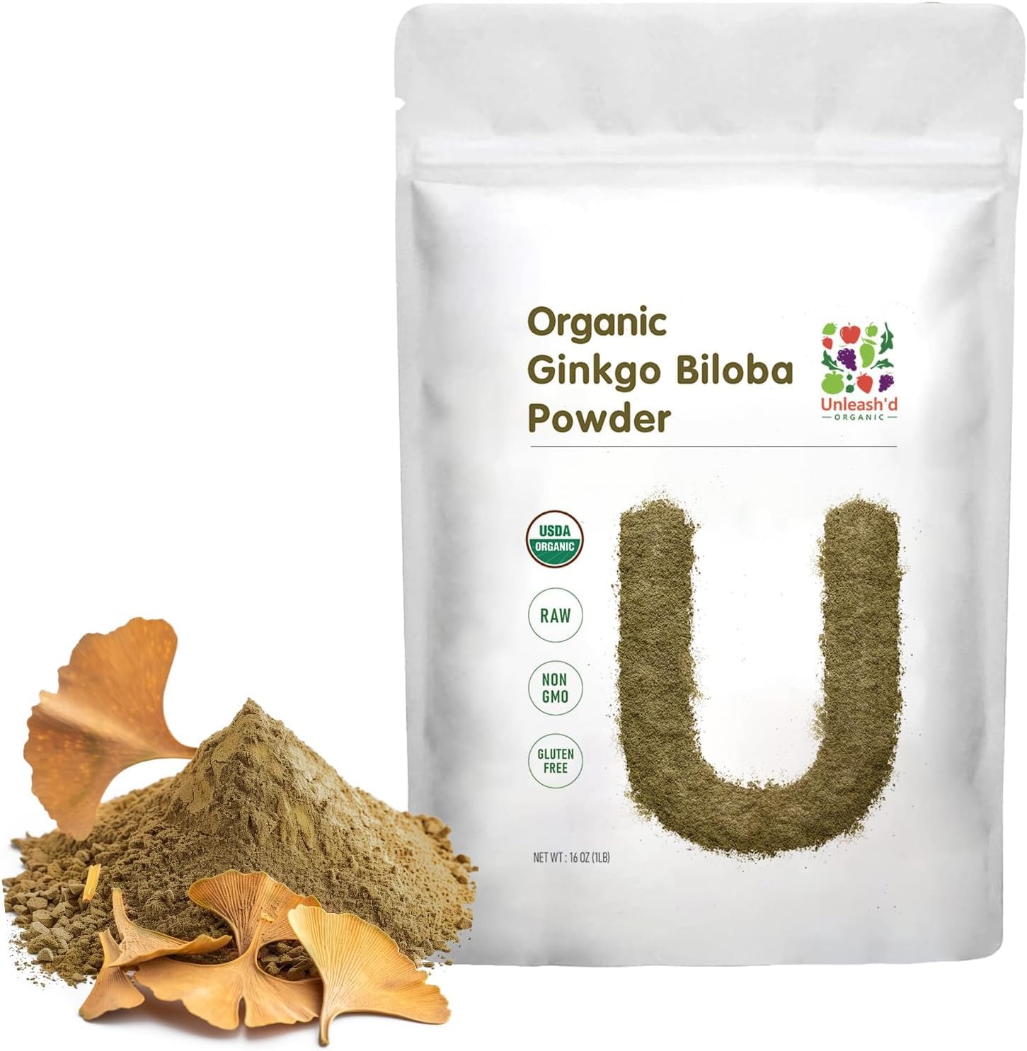 UNLEASH'D ORGANIC Organic Ginkgo Biloba Powder 16 oz, 100% Pure, Vegan, Raw, Non-GMO, Nutrient-Rich Superfood