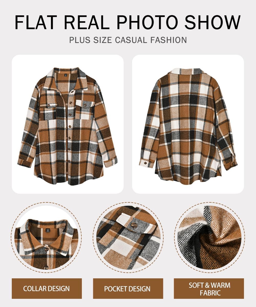 RITERA Womens Plus Size Shacket Jacket Flannel Button Down Plaid Long Sleeve Shirts Casual Fall Blouses Tops XL-5XL - Image 5