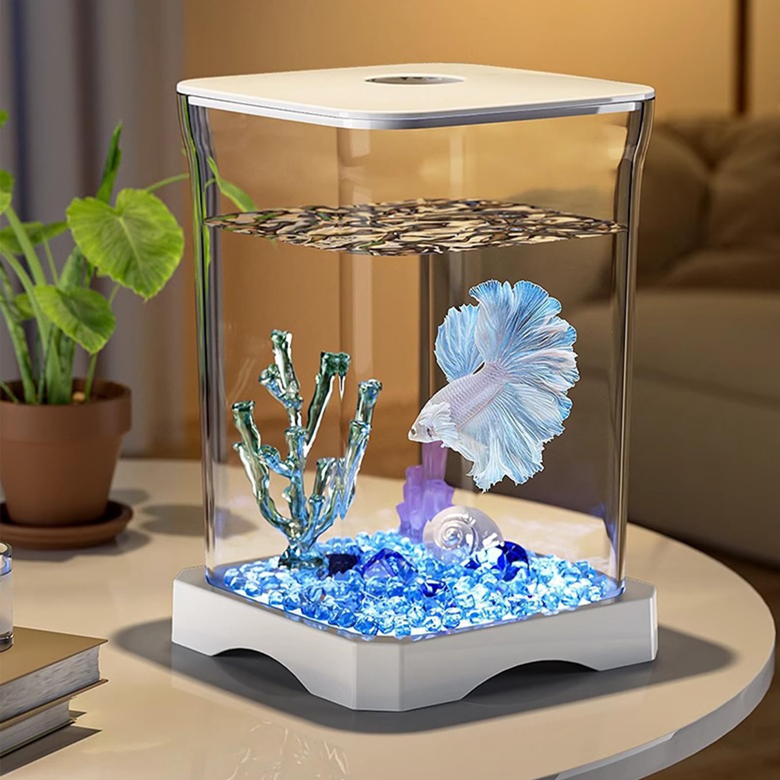Pecera Betta pequeña: nanoacuario acrílico con iluminación Ambiental LED, Cuenco Betta de Escritorio con Orificio de alimentación para Estudio en la Oficina en casa, Kit de iniciación para — view 2